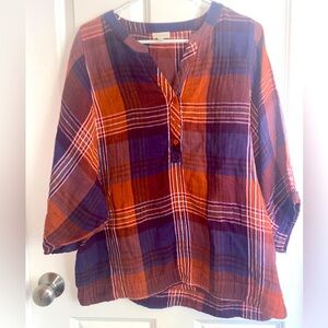 Garnet Hill Women's Popover Top Blouse Size 10 Plaid 100% Organic Cotton Orange